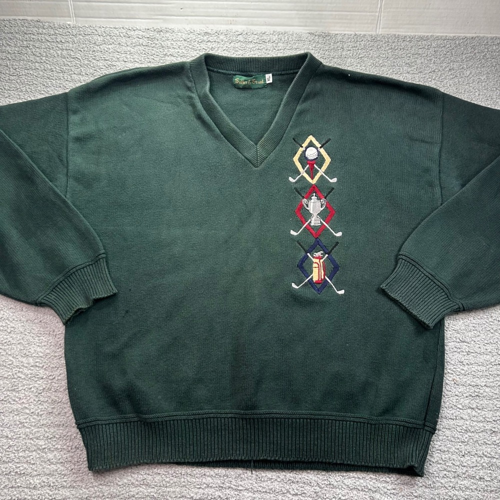 Sutter & Grant Golf Sweater V-Neck Green XL Vintage Preppy Old Money Sporty